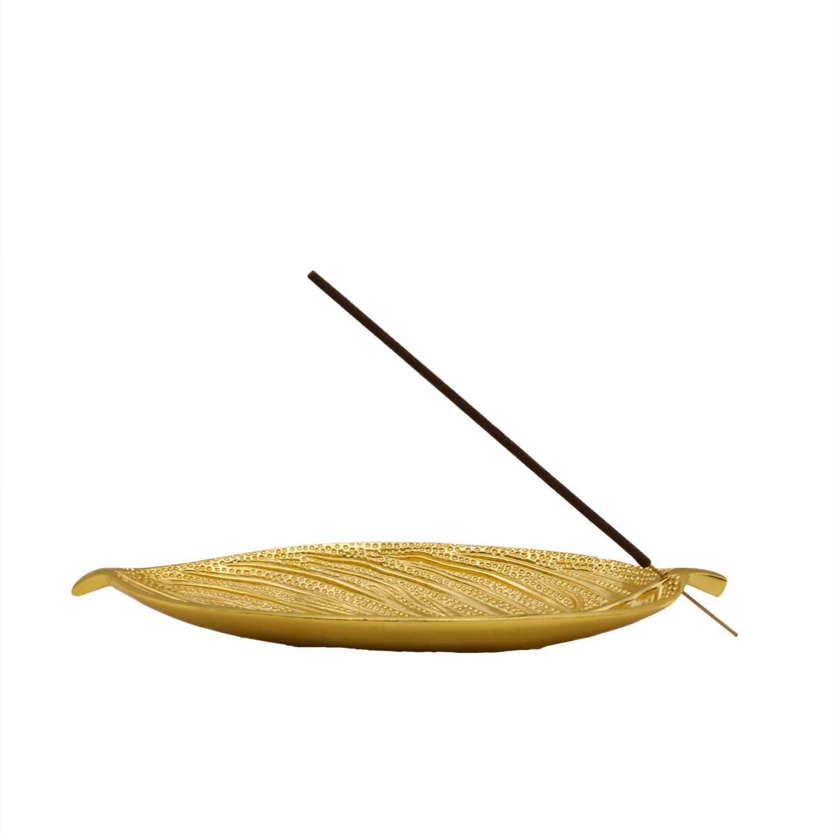 Vergoldeter Räucherstäbchenhalter mit Blattrelief – eleganter Aschefang aus Weißmetall, edle Goldoptik für stilvolles Räuchern, erhältlich bei Calerris.