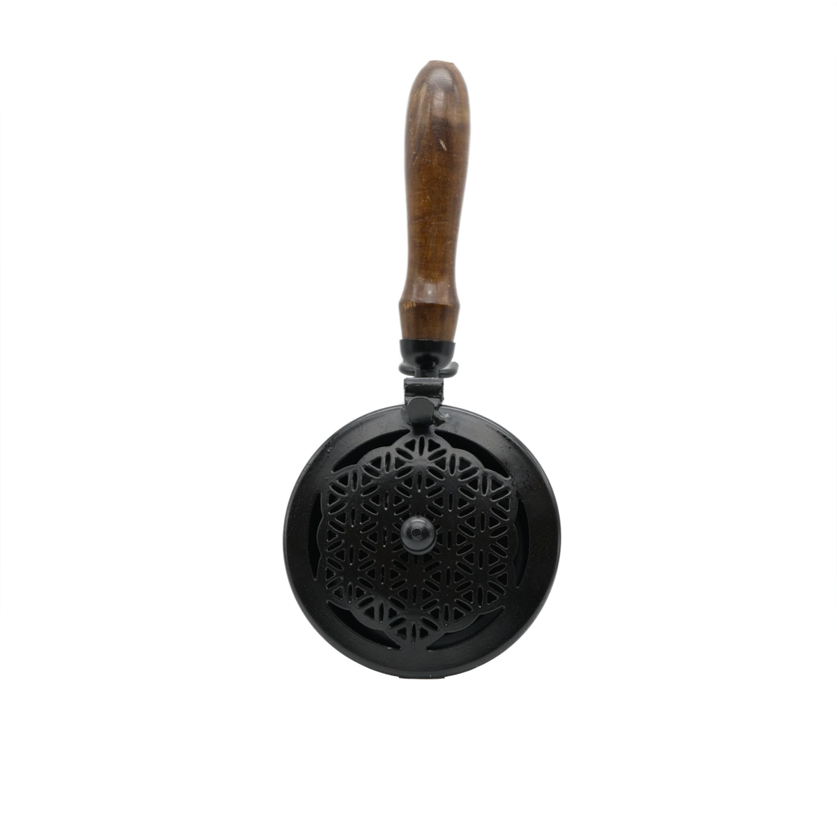 Räucherpfanne Blume des Lebens aus pulverbeschichtetem Eisen mit Holzgriff – ideal zum leichten Räuchern, online kaufen bei Calerris.