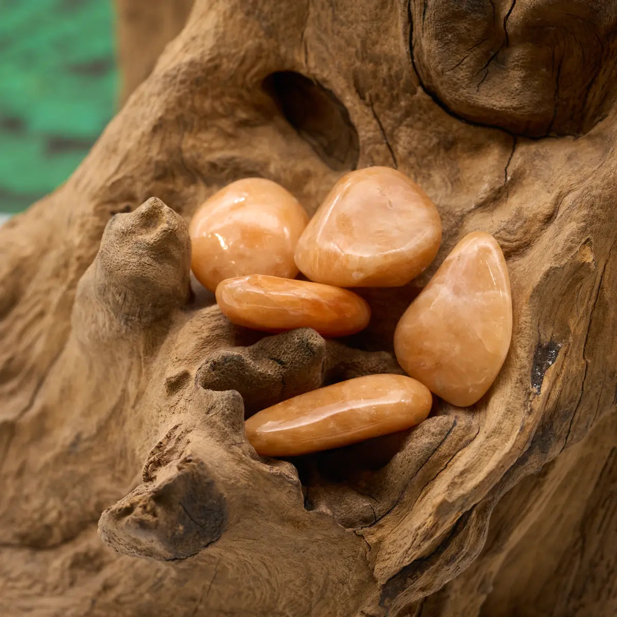 Orangefarbener Calcit-Trommelstein – aktiviert Lebensfreude und Optimismus.