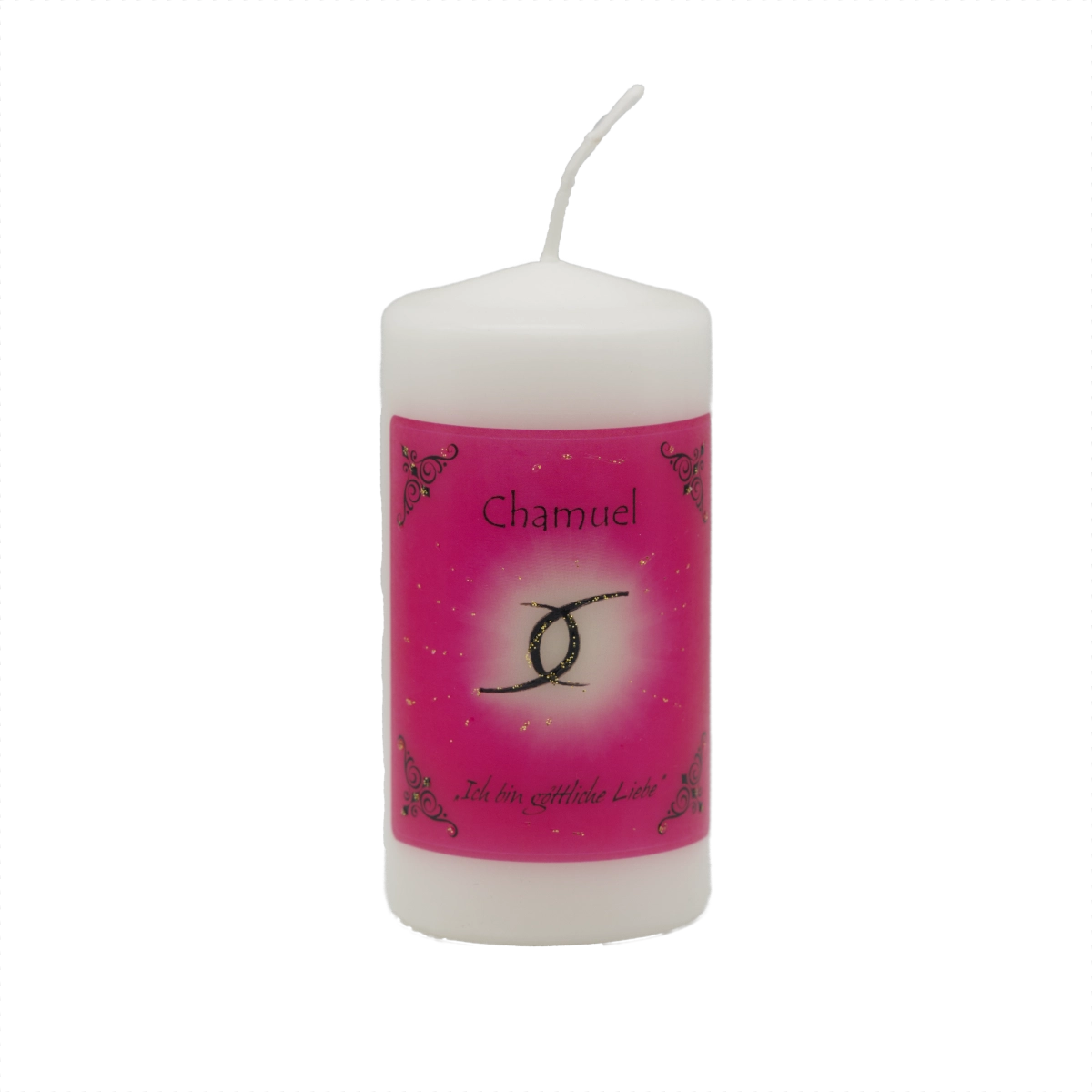 Rosa Engelkerze Chamuel – handgefertigt mit Edelsteinessenz für Liebe, Mitgefühl und Herzöffnung.