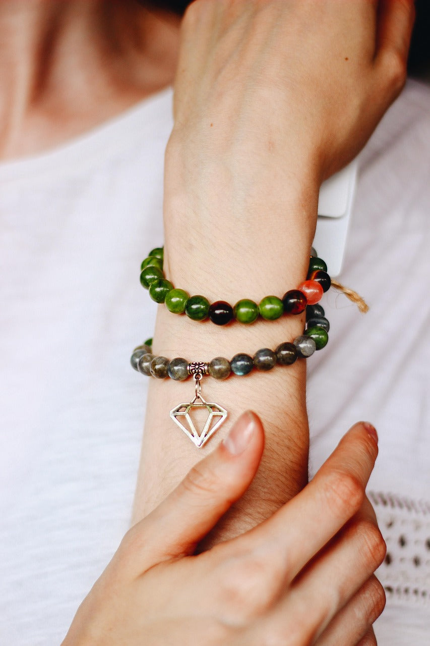 Ein Handgelenk mit zwei Edelstein Armbändern, eines mit grünen Jadesteinen und eines mit grauem Labradorit. Ein silberner Anhänger in Diamantform verleiht dem Schmuckstück eine besondere Note.