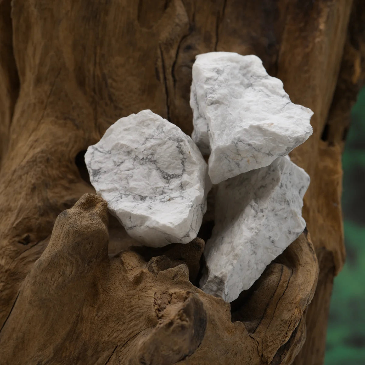 Weiß-grauer Howlith-Rohstein – beruhigt Gedanken und unterstützt Gelassenheit.