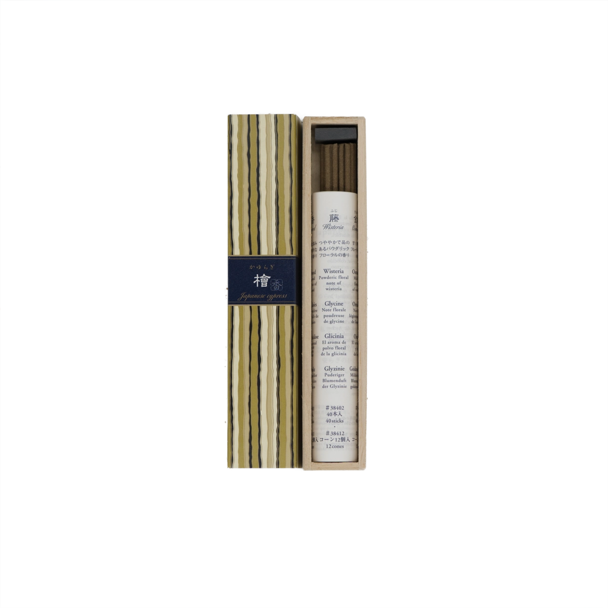 Kayuragi Japanische Zypresse Räucherstäbchen – klarer, holziger Duft in eleganter Kimonobox. Japanisches Räucherwerk für Ruhe, Klarheit und Erdung.