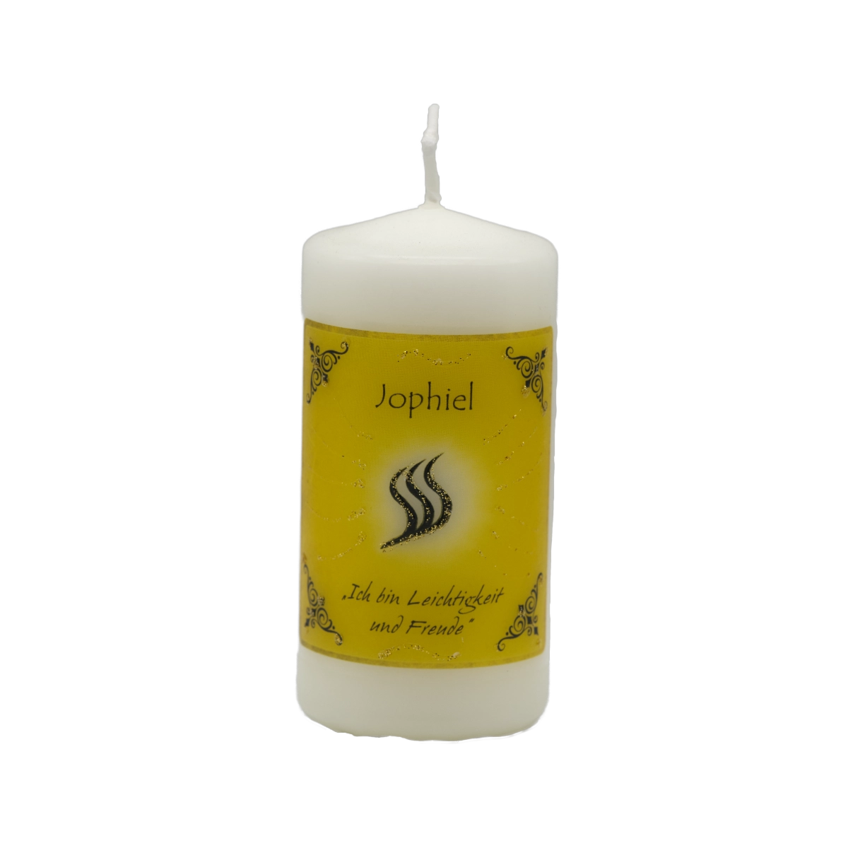 Goldgelbe Engelkerze Jophiel – handgefertigt mit Edelsteinessenz für Freude, Weisheit und positive Gedanken.