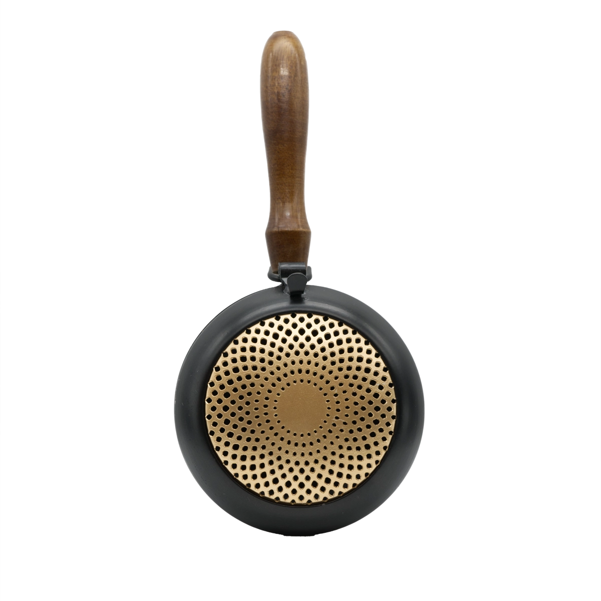 Räuchergefäß Sonne aus Eisen mit Holzgriff und goldfarbenem Deckel – für energetische Raum- und Aurareinigung, online kaufen bei Calerris.