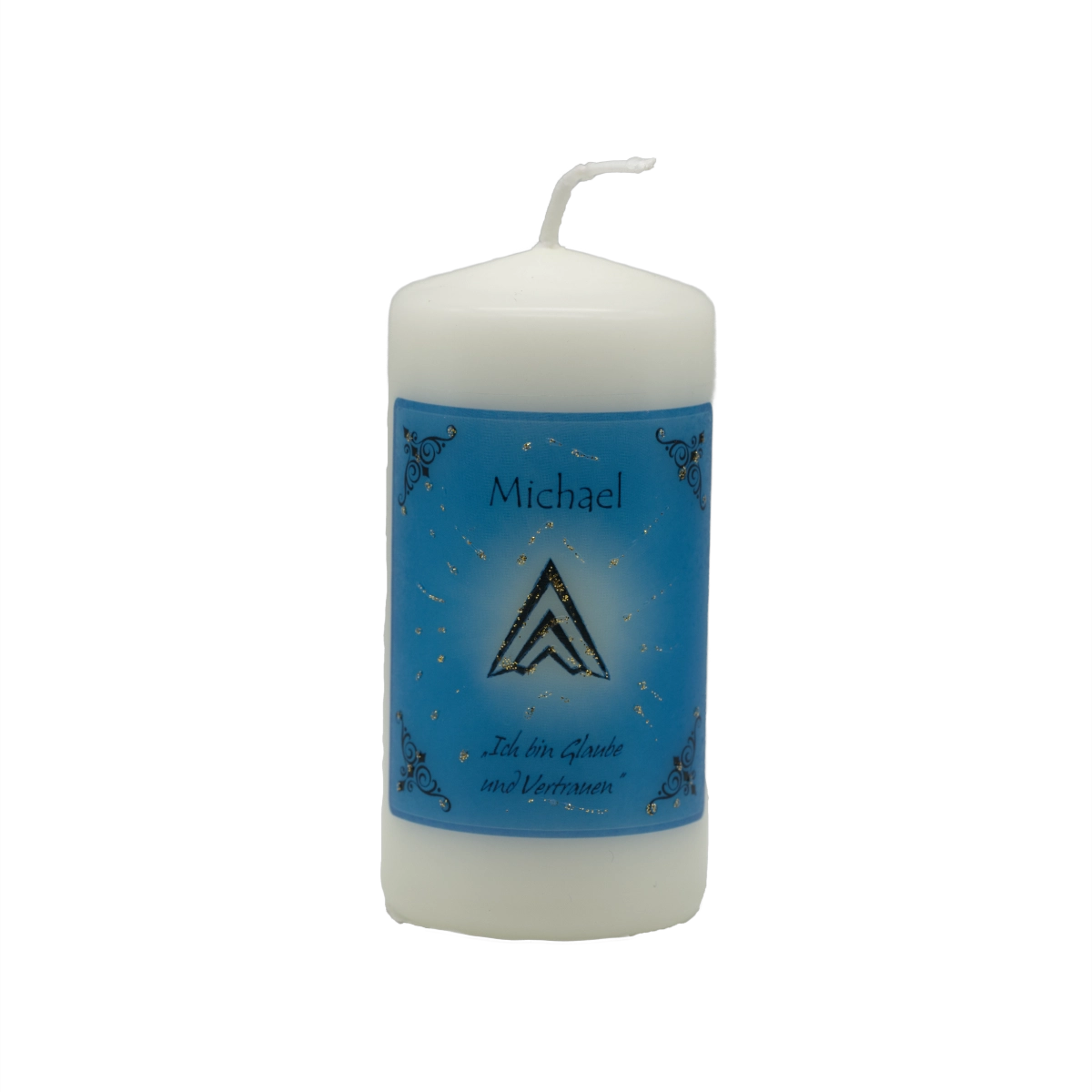 Blaue Engelkerze Michael – handgefertigt mit Edelsteinessenz für Schutz, Stärke und Mut.