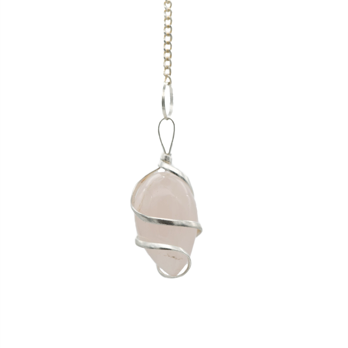 Rosenquarz Spiralen-Pendel aus versilbertem Messing mit abnehmbarer Kette – fördert Liebe, Harmonie und Energiefluss, online kaufen bei Calerris.