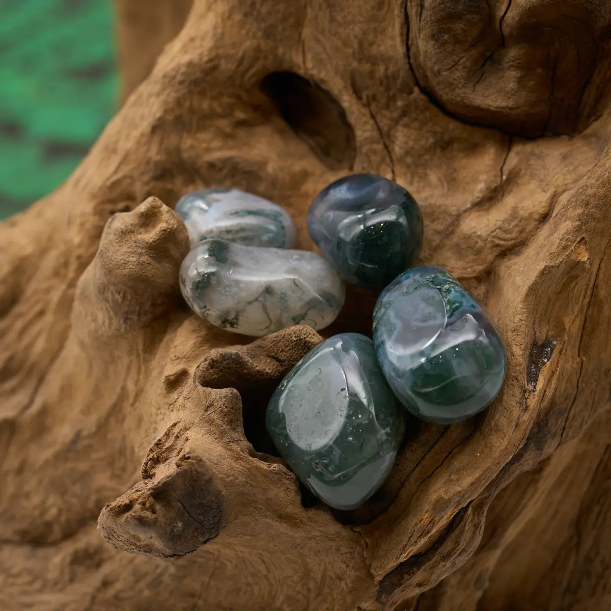 Moosgrüner Achat-Trommelstein – stärkt Wachstum und Gelassenheit.