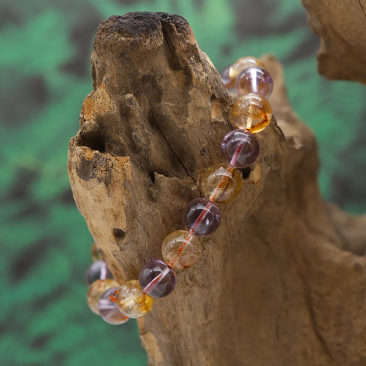 Edelstein-Armband aus 10 mm Amethyst- und Citrin-Perlen – vereint Ruhe, Klarheit und Lebensfreude.