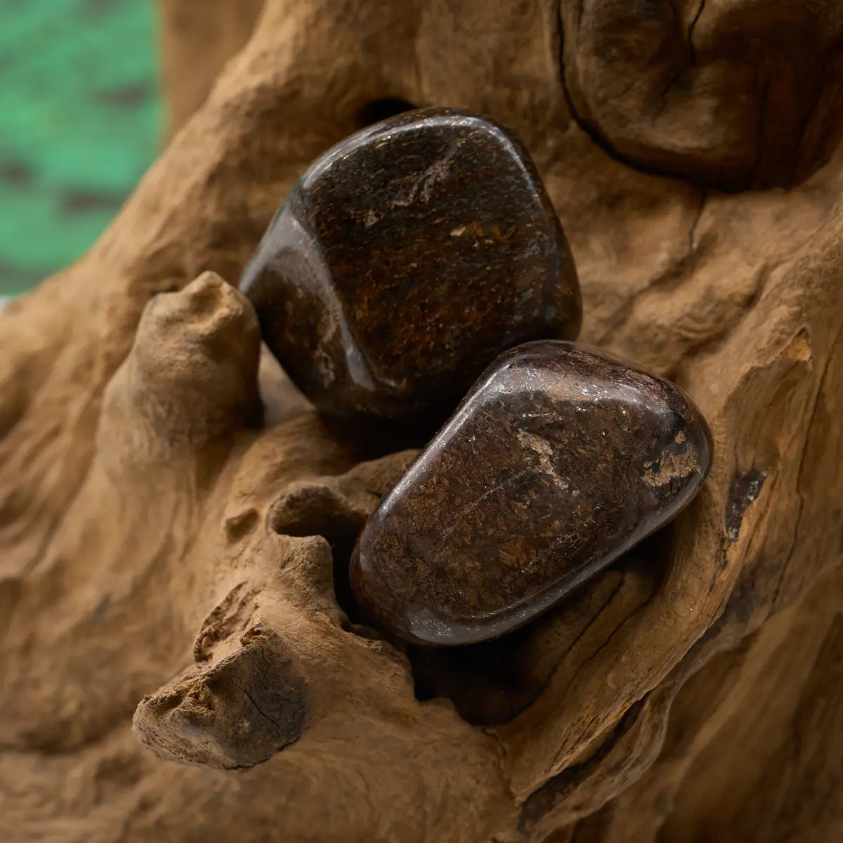 Goldschimmernder Amphibolit-Trommelstein – stärkt Erdung und Durchhaltevermögen.