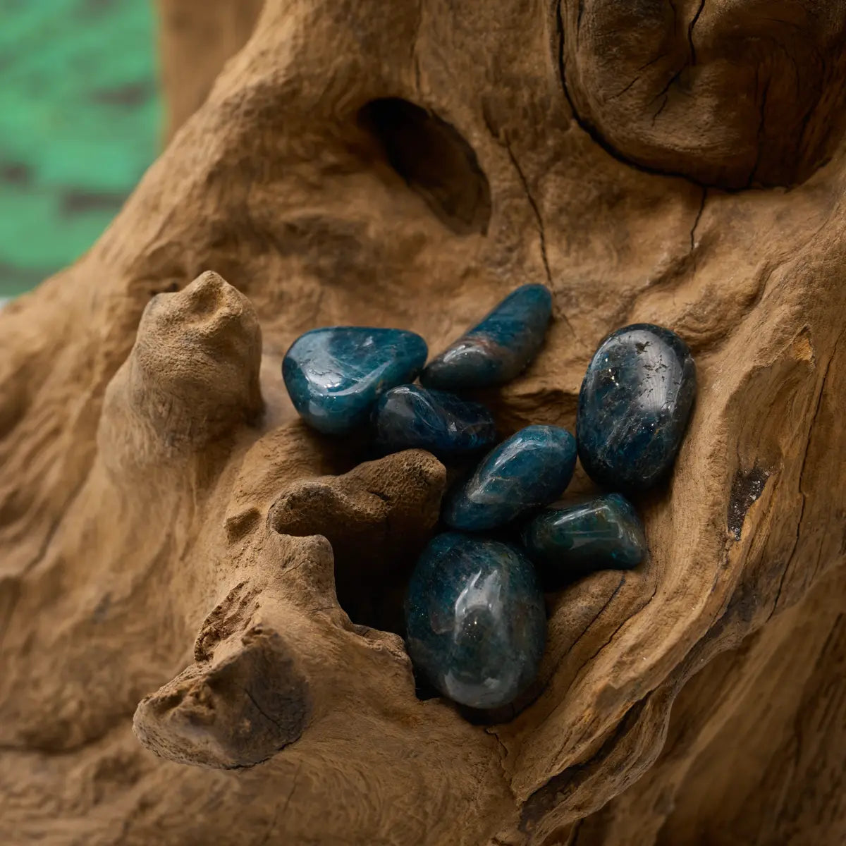 Tiefblauer Apatit-Trommelstein – stärkt Inspiration und Selbstvertrauen.