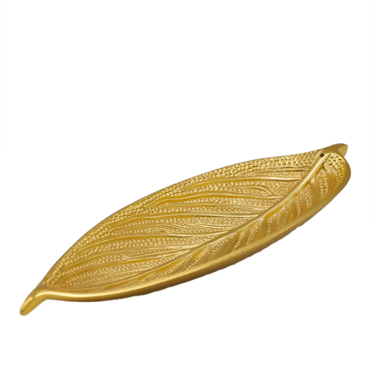 Vergoldeter Räucherstäbchenhalter mit Blattrelief – eleganter Aschefang aus Weißmetall, edle Goldoptik für stilvolles Räuchern, erhältlich bei Calerris.