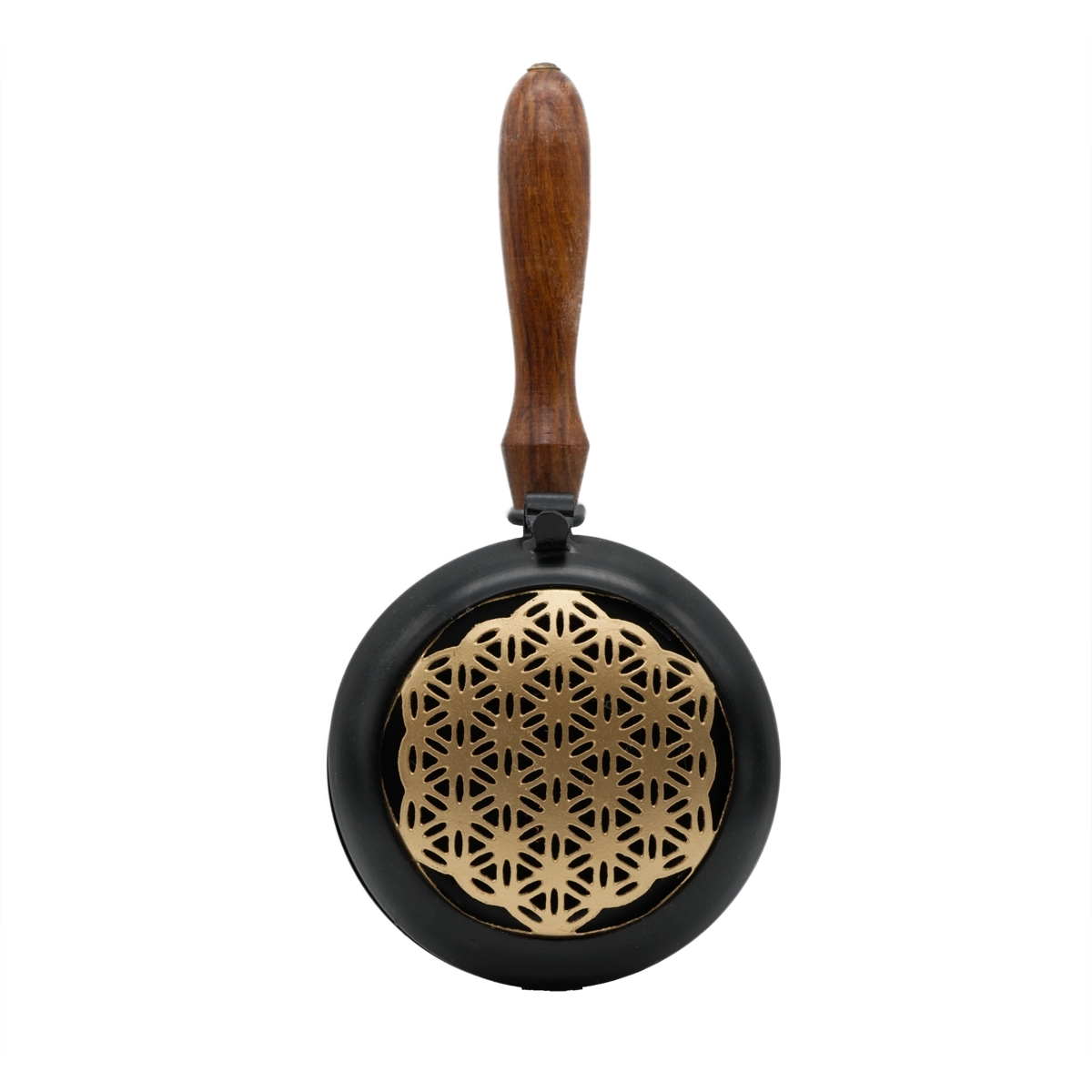 Räuchergefäß Blume des Lebens Gold aus Eisen mit Holzgriff – für harmonische Raum- und Aurareinigung, online kaufen bei Calerris.