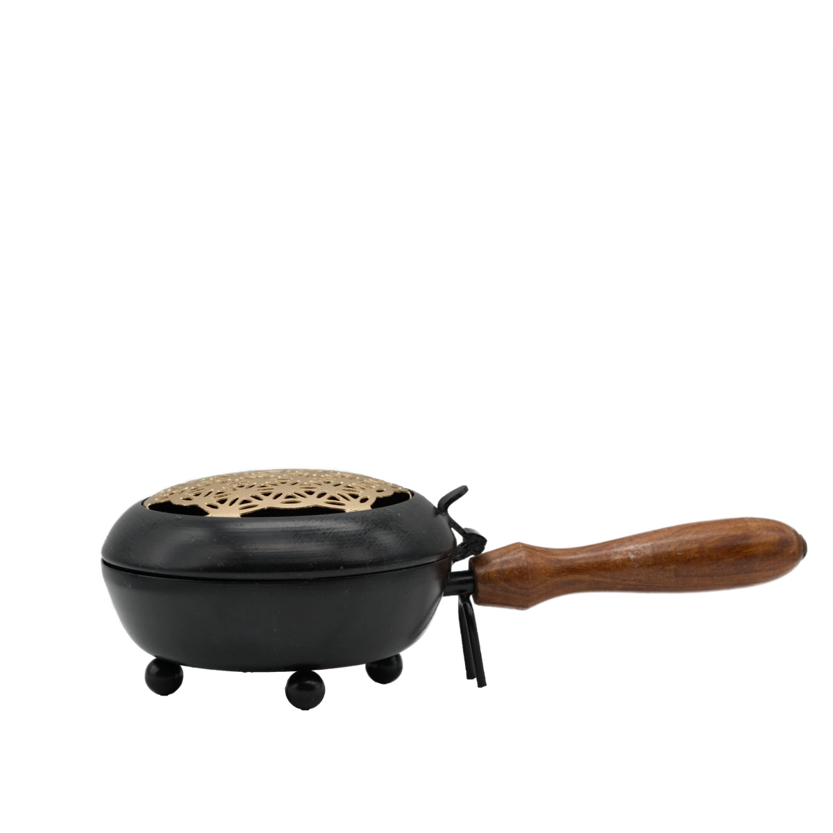 Räuchergefäß Blume des Lebens Gold aus Eisen mit Holzgriff – für harmonische Raum- und Aurareinigung, online kaufen bei Calerris.