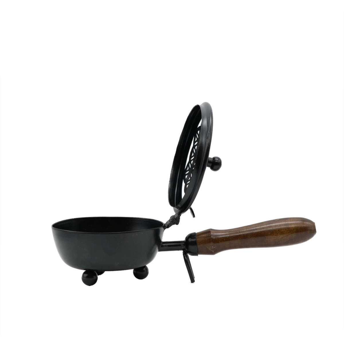 Räucherpfanne Blume des Lebens aus pulverbeschichtetem Eisen mit Holzgriff – ideal zum leichten Räuchern, online kaufen bei Calerris.