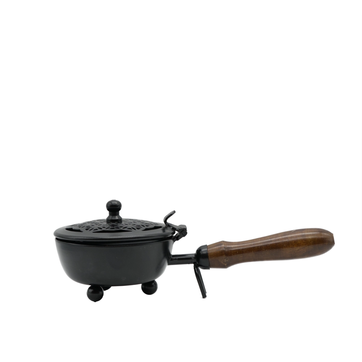 Räucherpfanne Blume des Lebens aus pulverbeschichtetem Eisen mit Holzgriff – ideal zum leichten Räuchern, online kaufen bei Calerris.