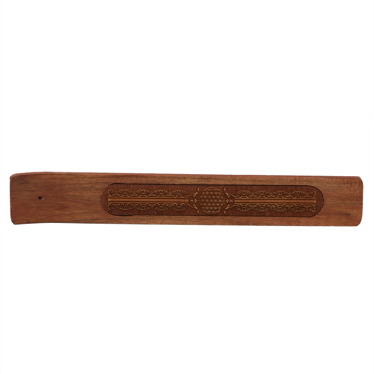 Räucherstäbchenhalter aus Akazienholz mit Blume des Lebens – harmonisches Symbol für Schutz und Energie, ideal für feine Räucherstäbchen, bei Calerris.