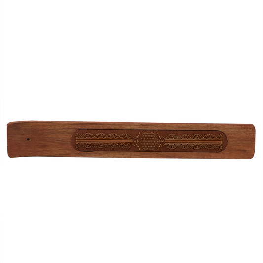 Räucherstäbchenhalter aus Akazienholz mit Blume des Lebens – harmonisches Symbol für Schutz und Energie, ideal für feine Räucherstäbchen, bei Calerris.