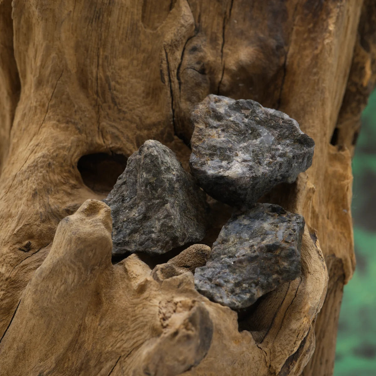 Dunkler Gabbro-Rohstein – erdet und unterstützt Transformation.