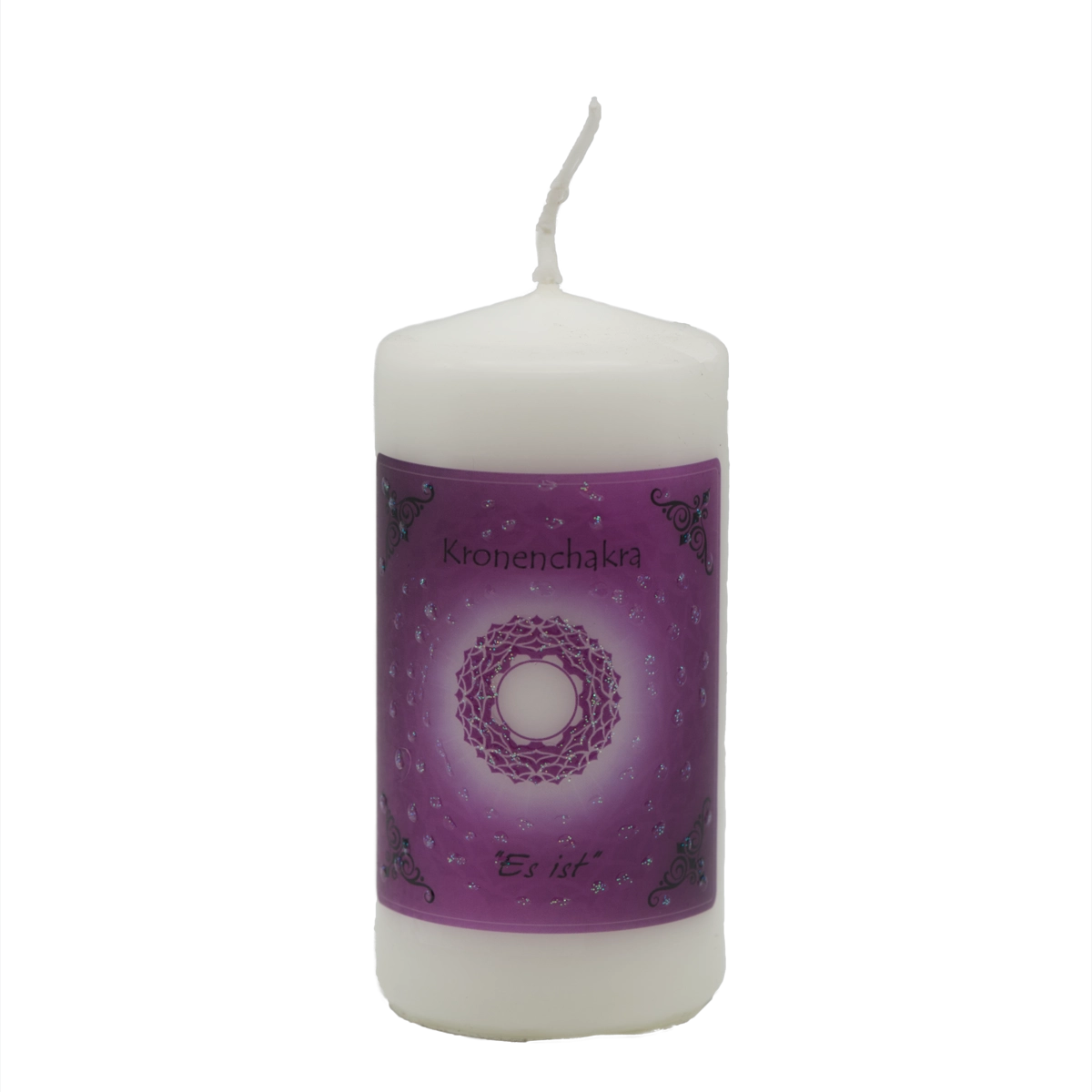 Violette Energiekerze für das Kronenchakra – mit Edelsteinessenz für spirituelle Verbindung, Bewusstsein und inneren Frieden.