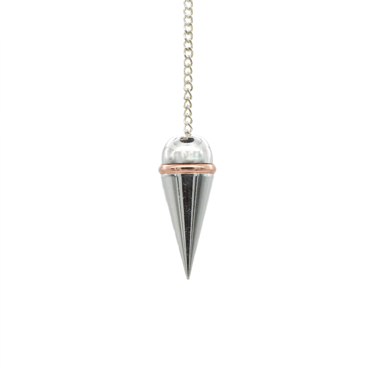 Versilbertes Schraubenpendel mit Kupferring und Messingkern – präzises Pendel für Radiästhesie und Energiearbeit, online kaufen bei Calerris.