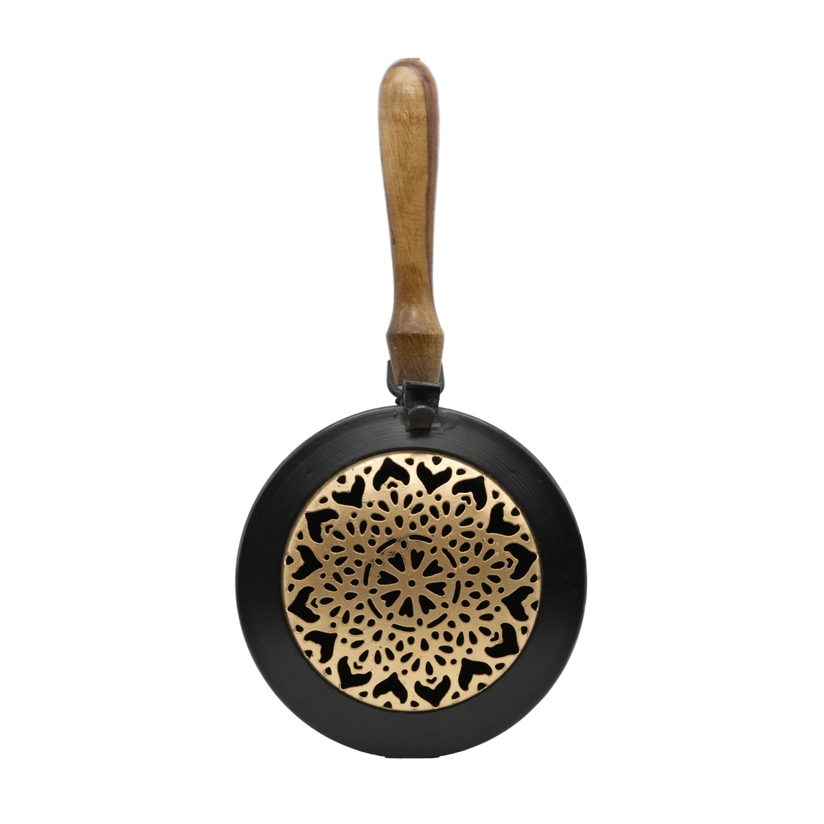 Räuchergefäß Mandala aus Eisen mit goldfarbenem Deckel und Holzgriff – ideal für harmonische Raum- und Aurareinigung, online kaufen bei Calerris.