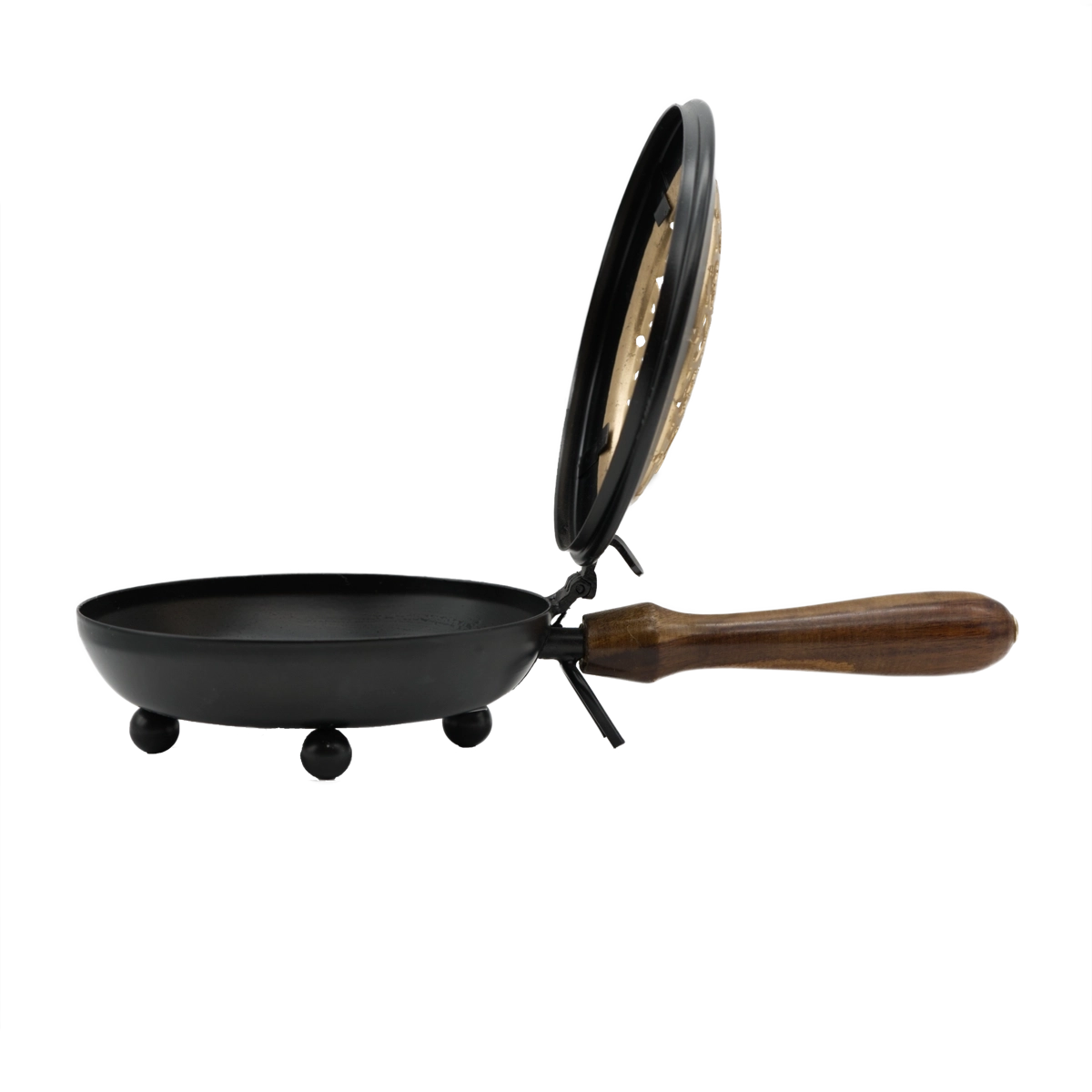 Räuchergefäß Mandala aus Eisen mit goldfarbenem Deckel und Holzgriff – ideal für harmonische Raum- und Aurareinigung, online kaufen bei Calerris.