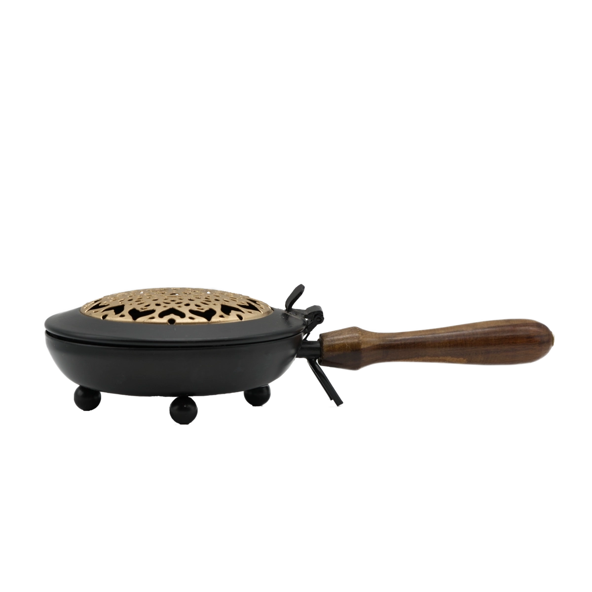 Räuchergefäß Mandala aus Eisen mit goldfarbenem Deckel und Holzgriff – ideal für harmonische Raum- und Aurareinigung, online kaufen bei Calerris.