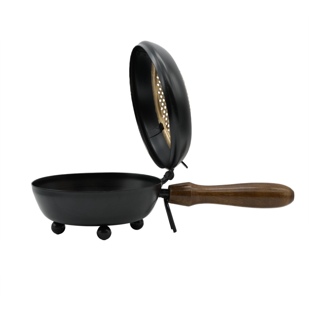 Räuchergefäß Sonne aus Eisen mit Holzgriff und goldfarbenem Deckel – für energetische Raum- und Aurareinigung, online kaufen bei Calerris.