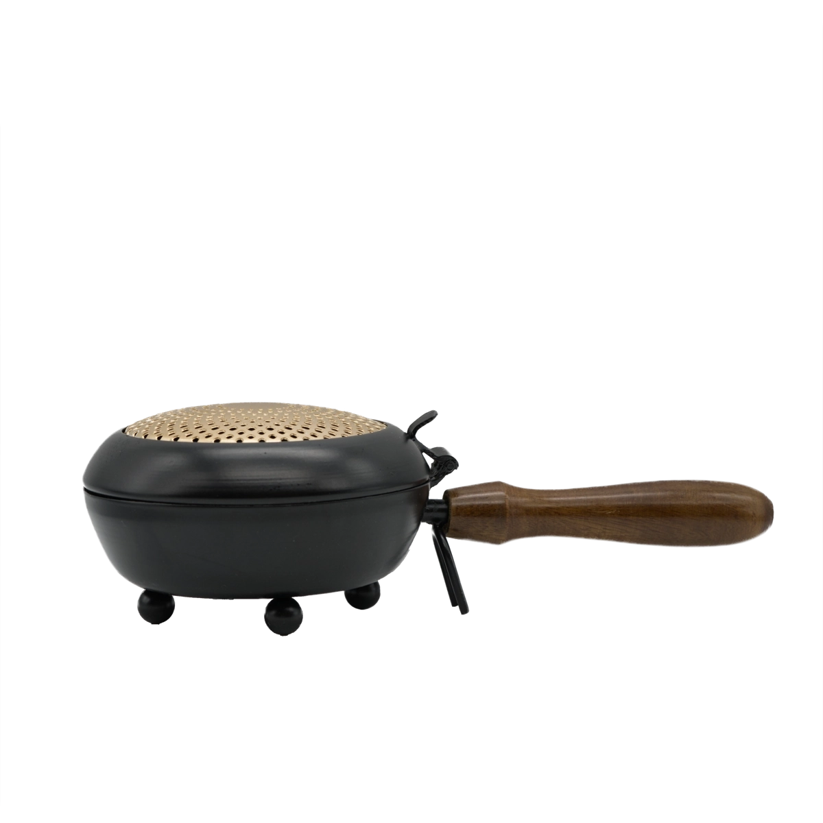 Räuchergefäß Sonne aus Eisen mit Holzgriff und goldfarbenem Deckel – für energetische Raum- und Aurareinigung, online kaufen bei Calerris.