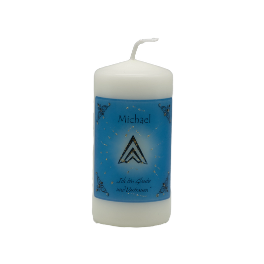 Blaue Engelkerze Michael – handgefertigt mit Edelsteinessenz für Schutz, Stärke und Mut.