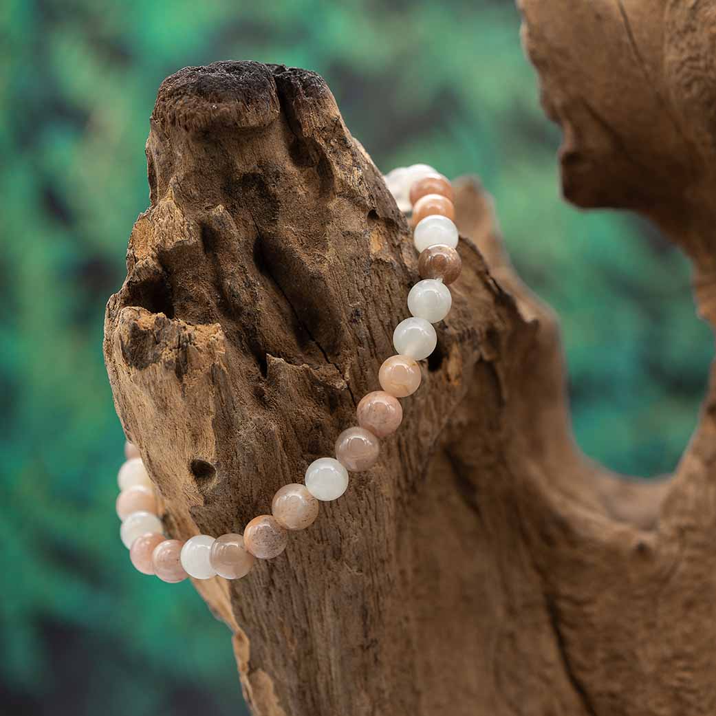 Ein farblich gemischtes 6mm Mondstein-Armband, harmonisch auf Naturholz arrangiert.