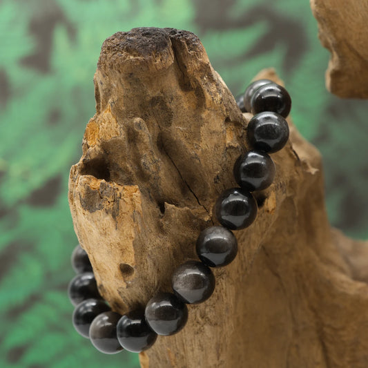 Schwarzes Silber-Obsidian-Armband mit silbrigem Schimmer – Schutz, Erdung und klare Selbstreflexion.
