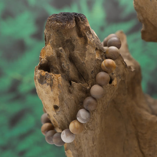 Edelstein-Armband aus 8 mm versteinertem Holz – stärkt Geduld und Verbindung zur Natur.