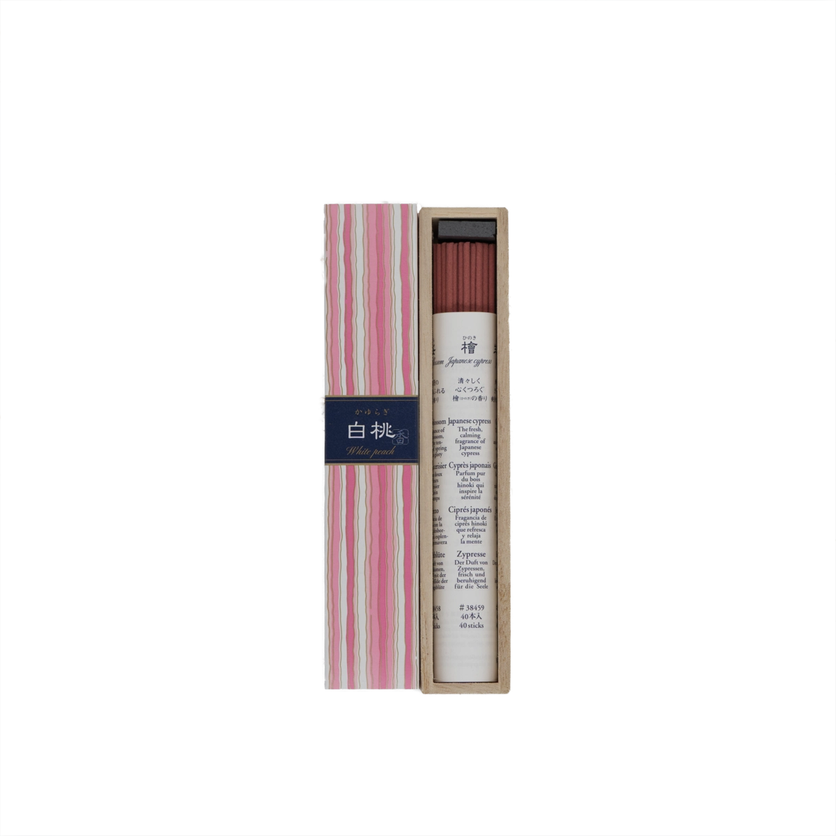 Kayuragi Weißer Pfirsich Räucherstäbchen – zarter, fruchtig-süßer Duft in eleganter Kimonobox. Japanisches Räucherwerk für Harmonie und Leichtigkeit.